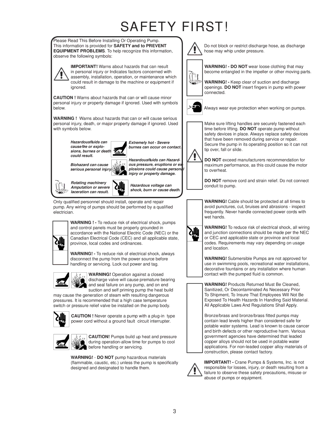 Crane Plumbing 8XSE-HA operation manual Safety First 