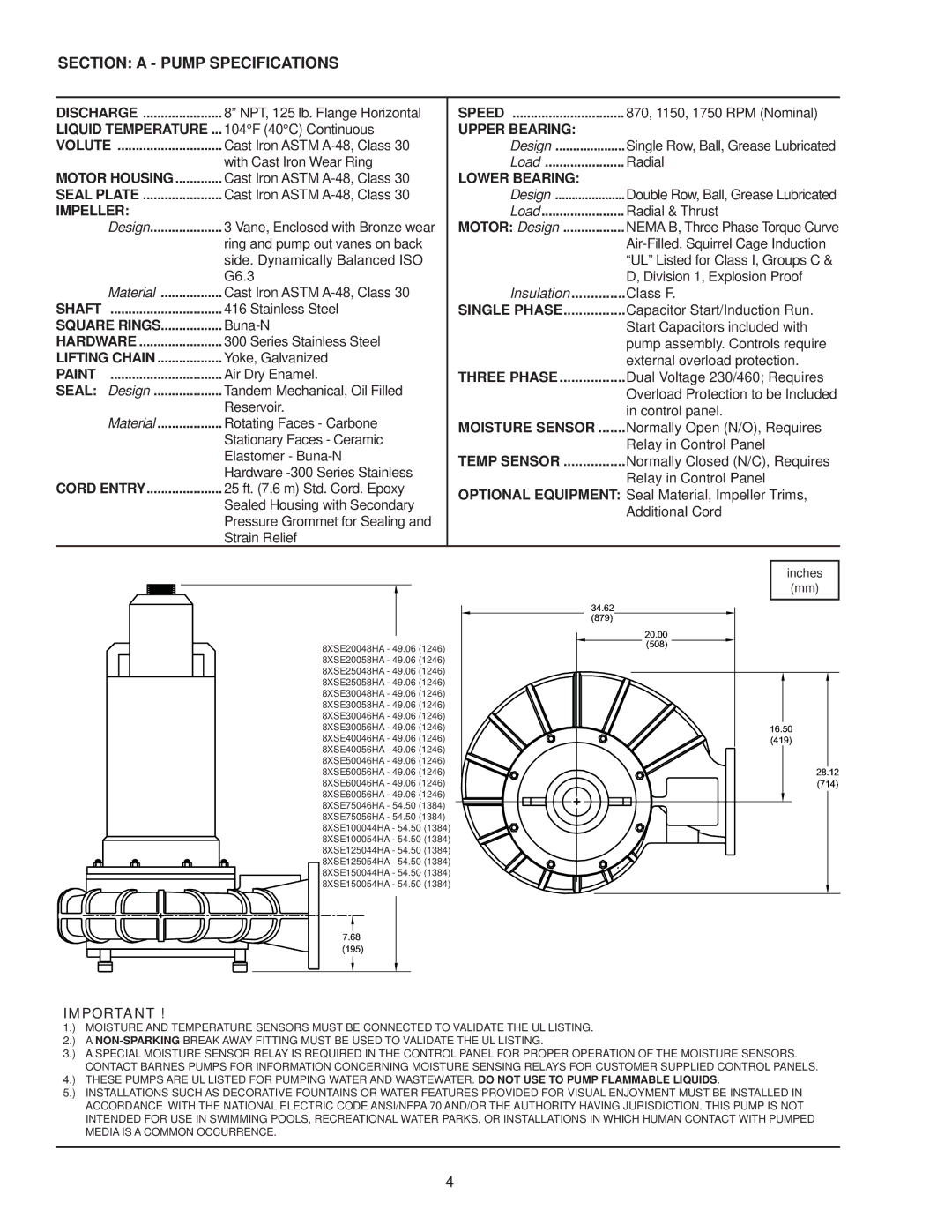 Crane Plumbing 8XSE-HA Discharge, Liquid Temperature, Volute, Motor Housing, Seal Plate, Impeller, Shaft, Square Rings 