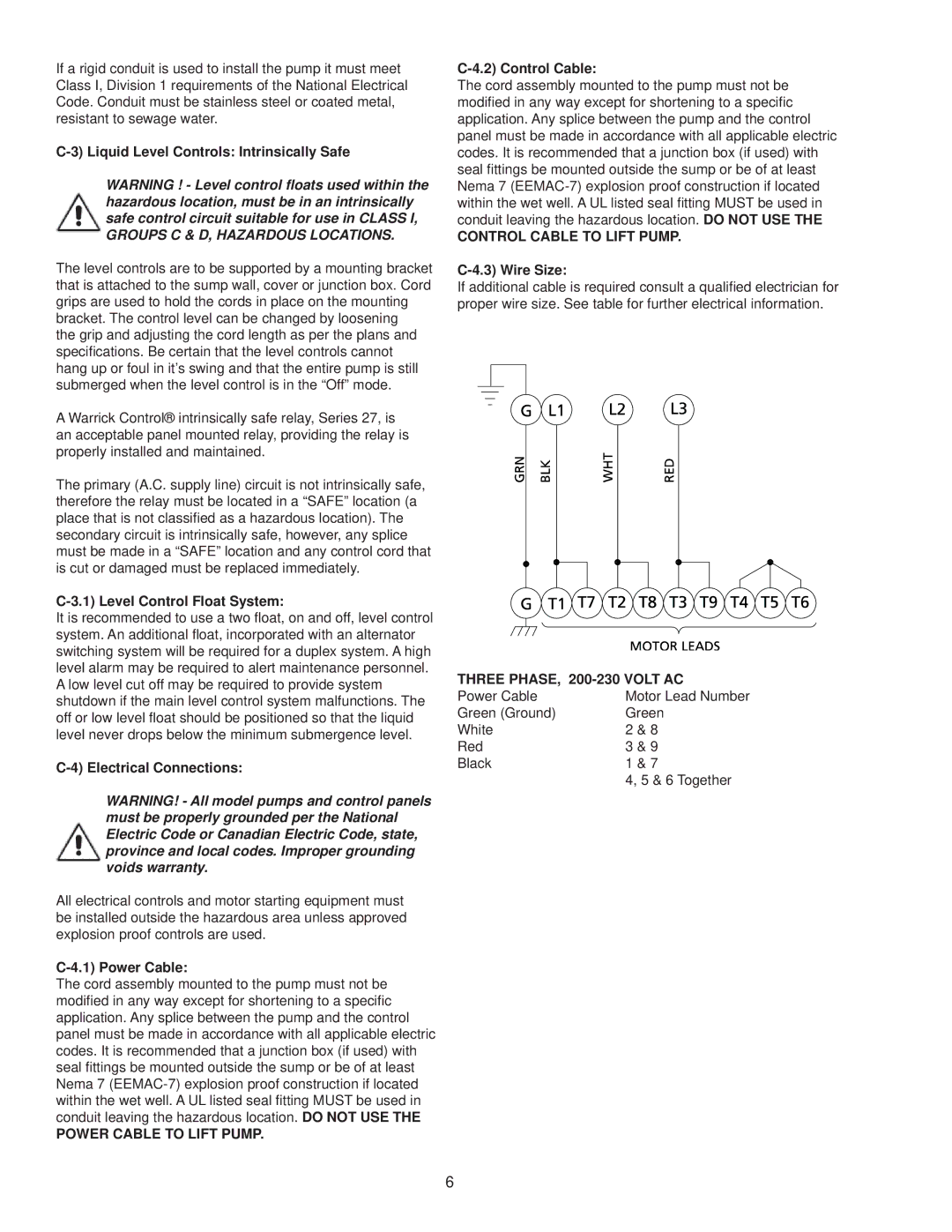 Crane Plumbing 8XSE-HA operation manual Power Cable to Lift Pump, Control Cable to Lift Pump, Three PHASE, 200-230 Volt AC 