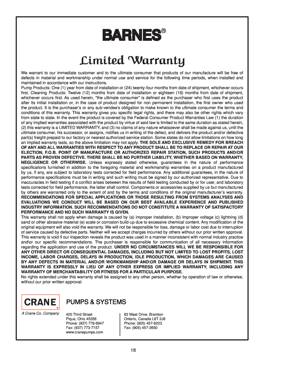 Crane Plumbing 8XSE-HA operation manual Barnes, Limited Warranty 