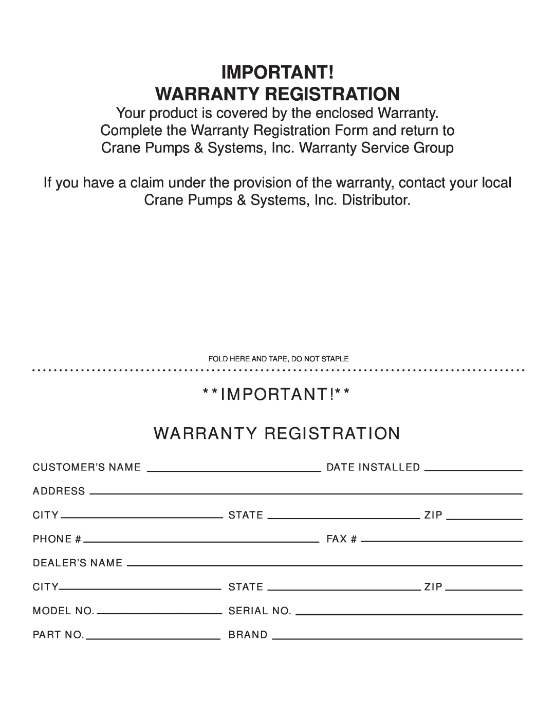 Crane Plumbing 8XSE-HA operation manual Warranty Registration 