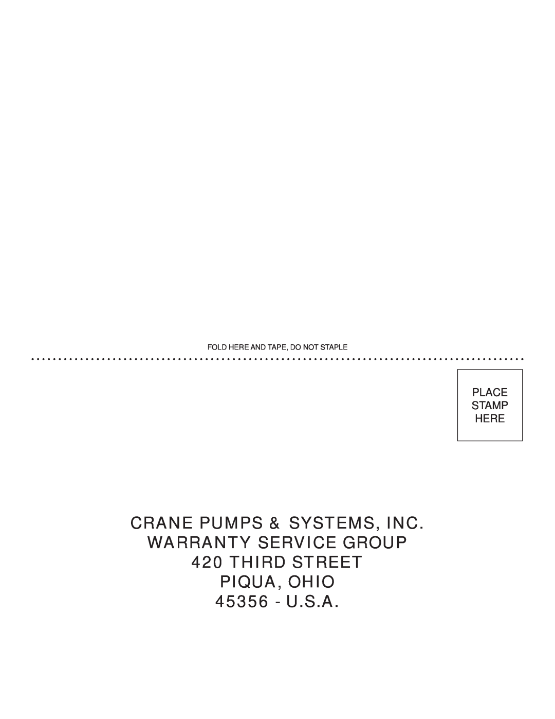 Crane Plumbing 8XSE-HA Crane Pumps & Systems, Inc Warranty Service Group, THIRD STREET PIQUA, OHIO 45356 - U.S.A 