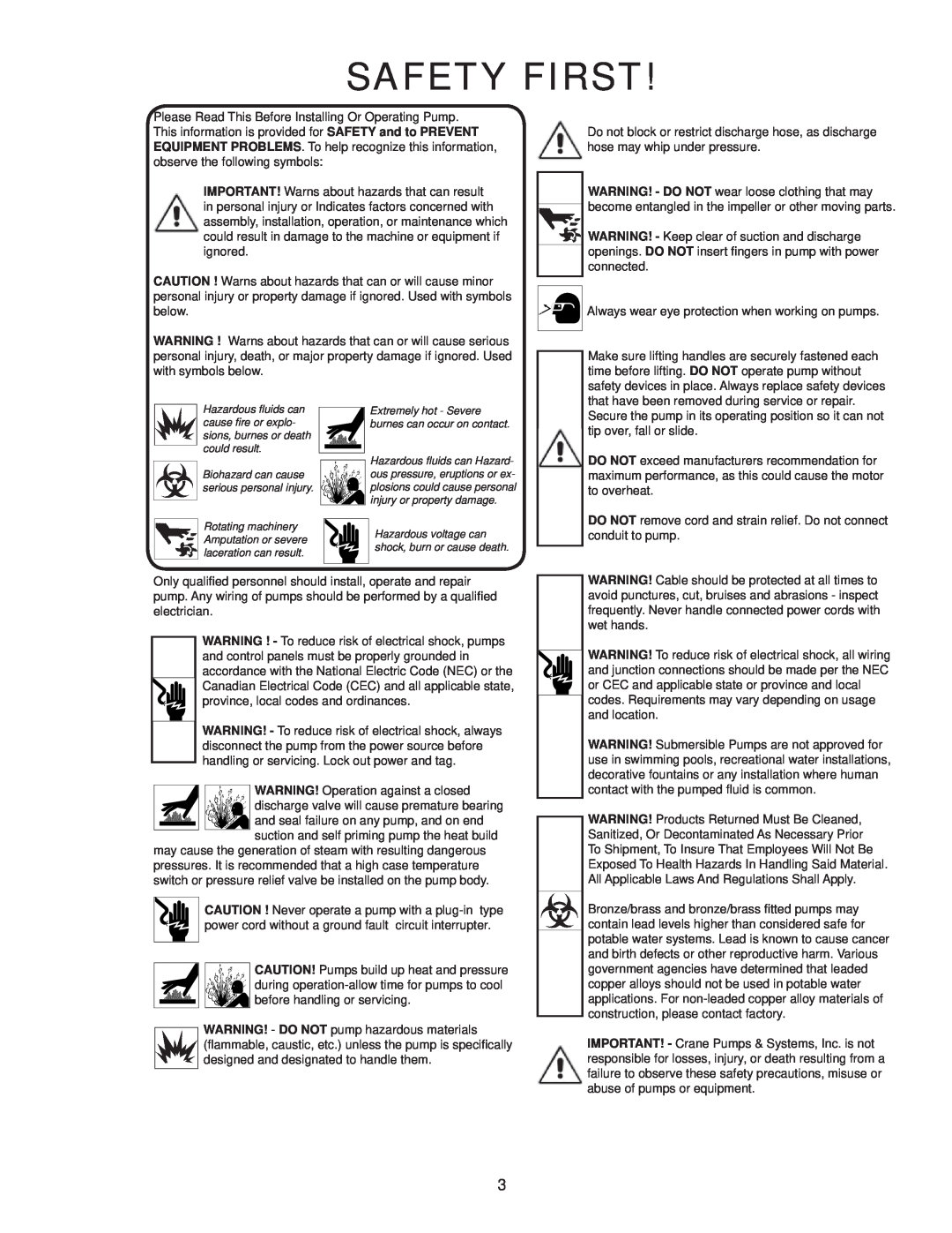 Crane Plumbing 8XSE-HA operation manual Safety First 
