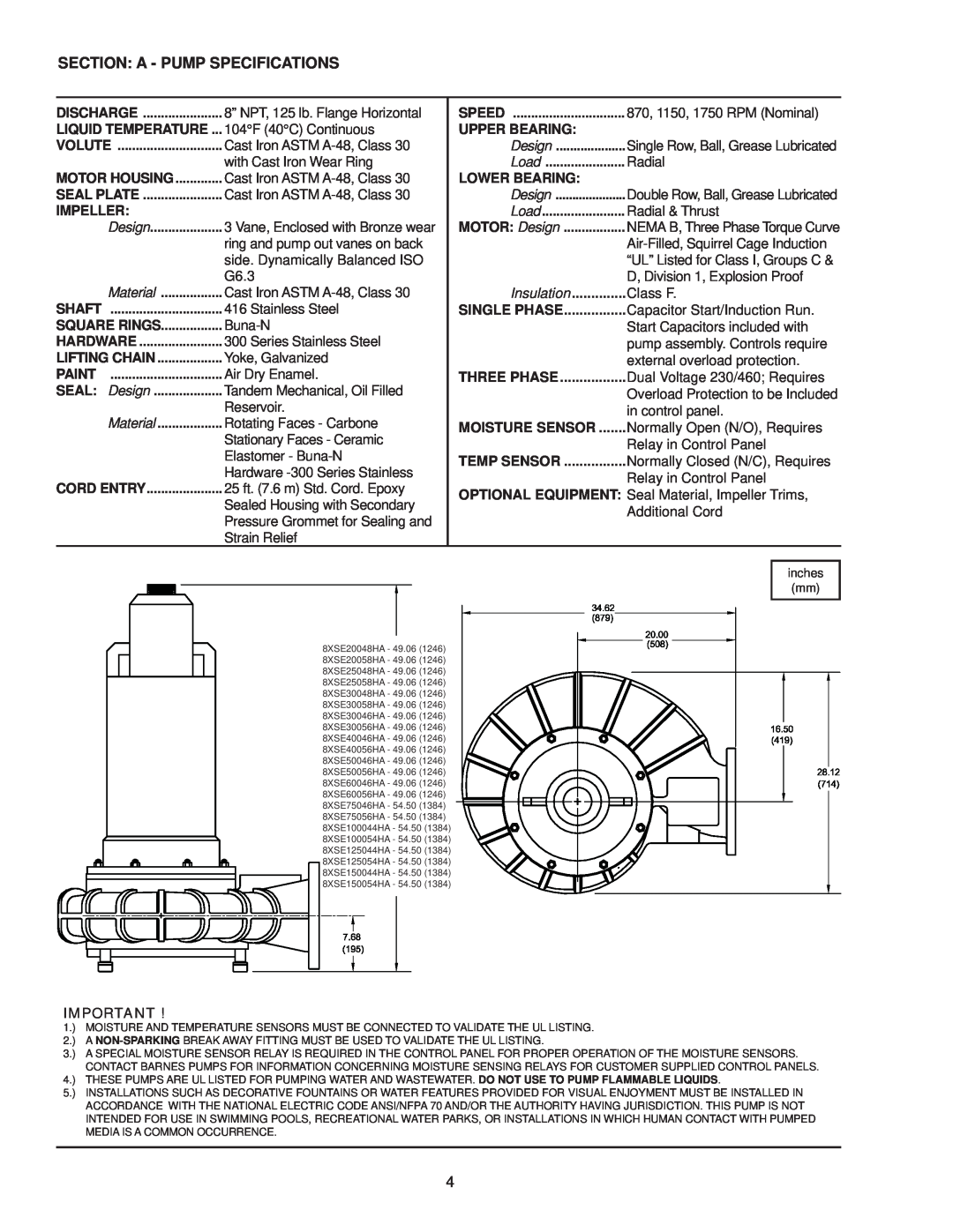 Crane Plumbing 8XSE-HA operation manual Section A - Pump Specifications 