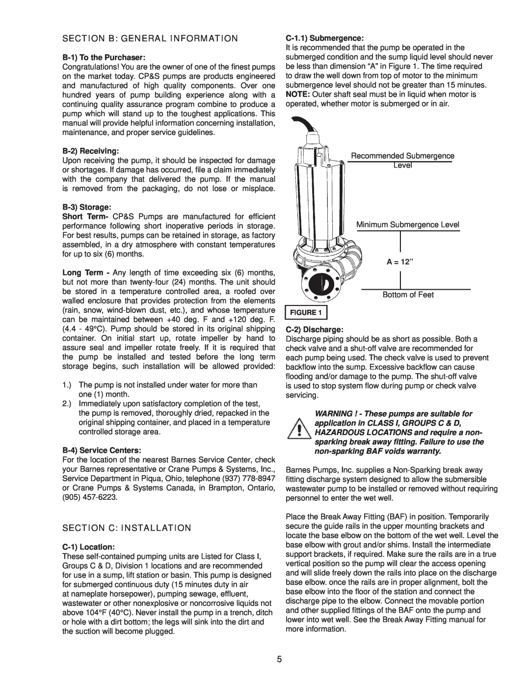 Crane Plumbing 8XSE-HA Section B General Information, Section C Installation, B-1To the Purchaser, B-2Receiving, A = 12” 