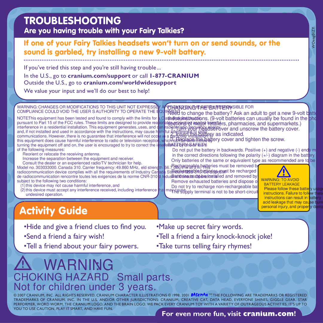 Cranium 303033000 manual Troubleshooting, Activity Guide, Choking Hazard Small parts. Not for children under 3 years 