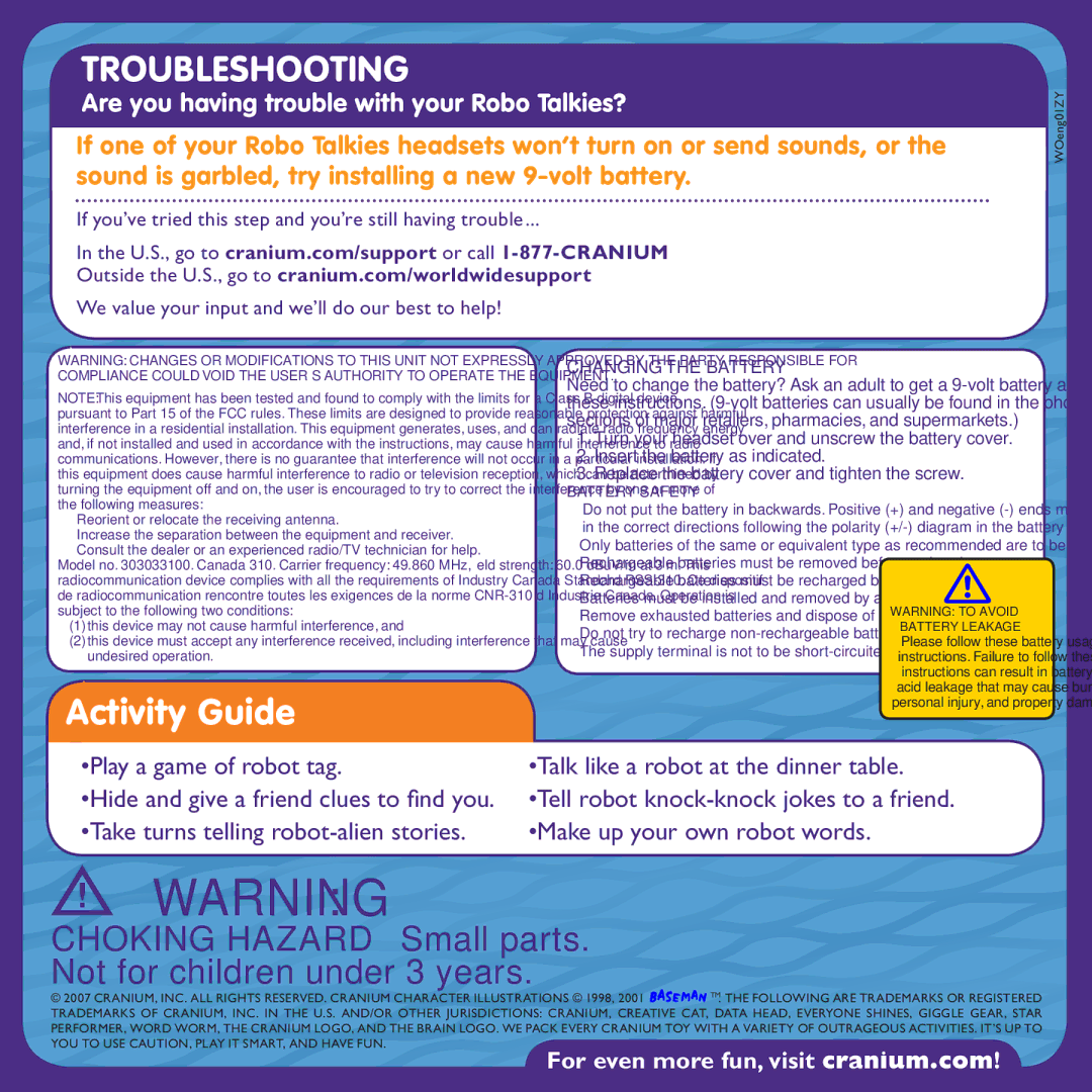 Cranium 303033100 manual Troubleshooting 