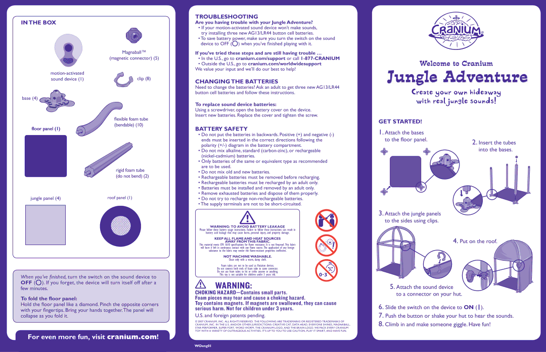 Cranium Jungle Adventure manual Box, Troubleshooting, Changing the Batteries, Battery Safety, GET Started 