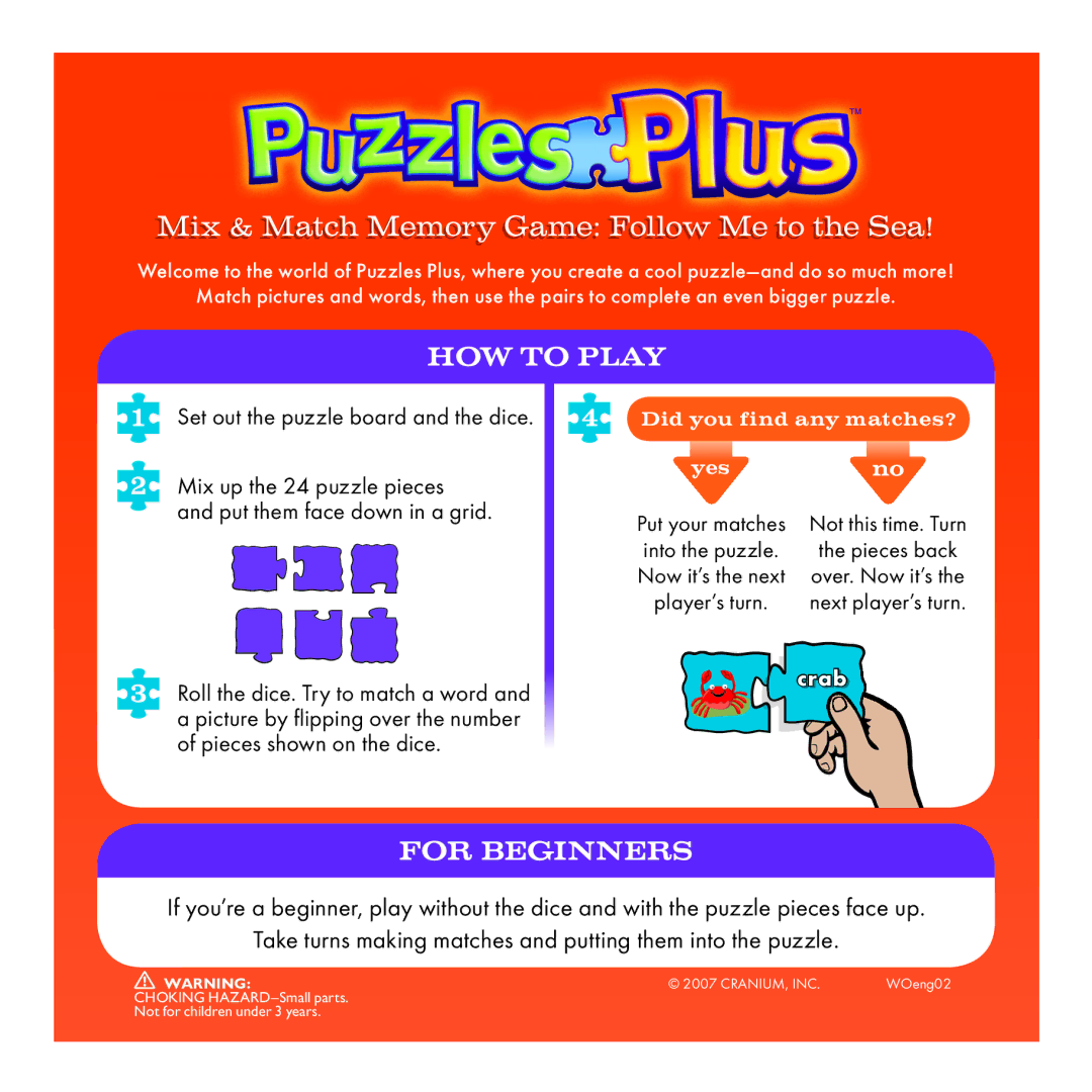 Cranium manual Mix & Match Memory Game Follow Me to the Sea, HOW to Play, For Beginners, Mix up the 24 puzzle pieces 