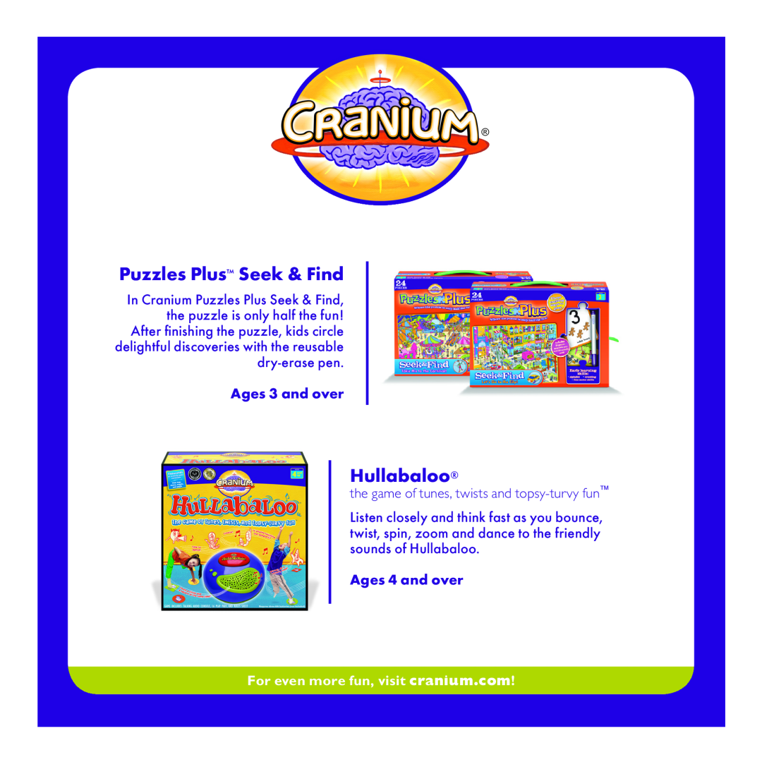 Cranium Mix & Match Memory Game manual Puzzles Plus Seek & Find, Hullabaloo, For even more fun, visit cranium.com 