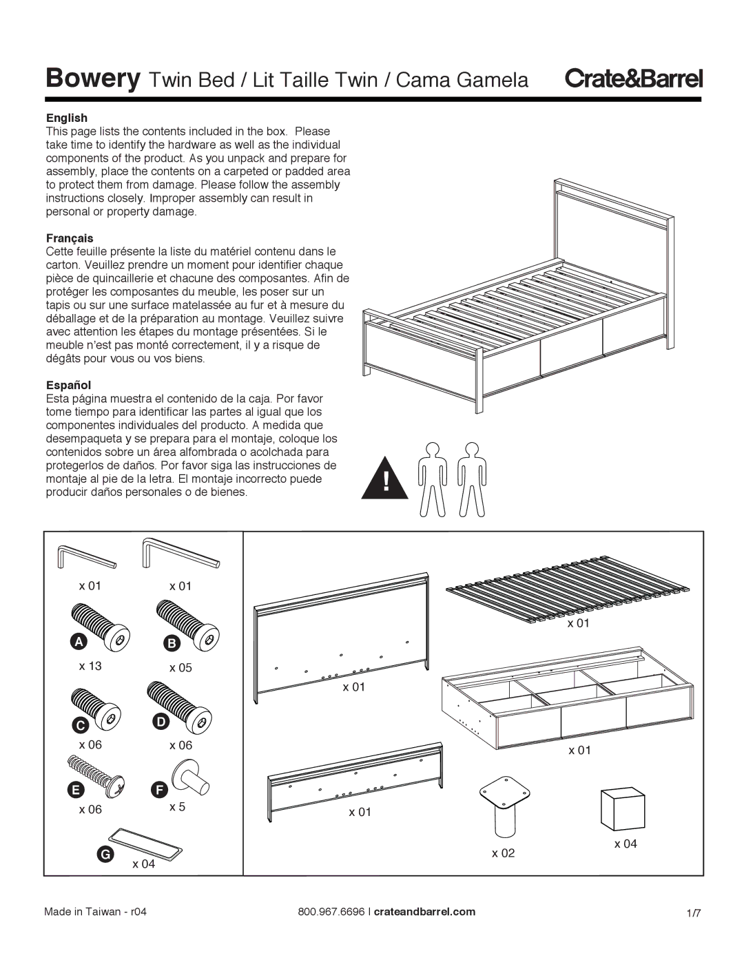 Crate & Barrel manual Bowery Twin Bed / Lit Taille Twin / Cama Gamela 