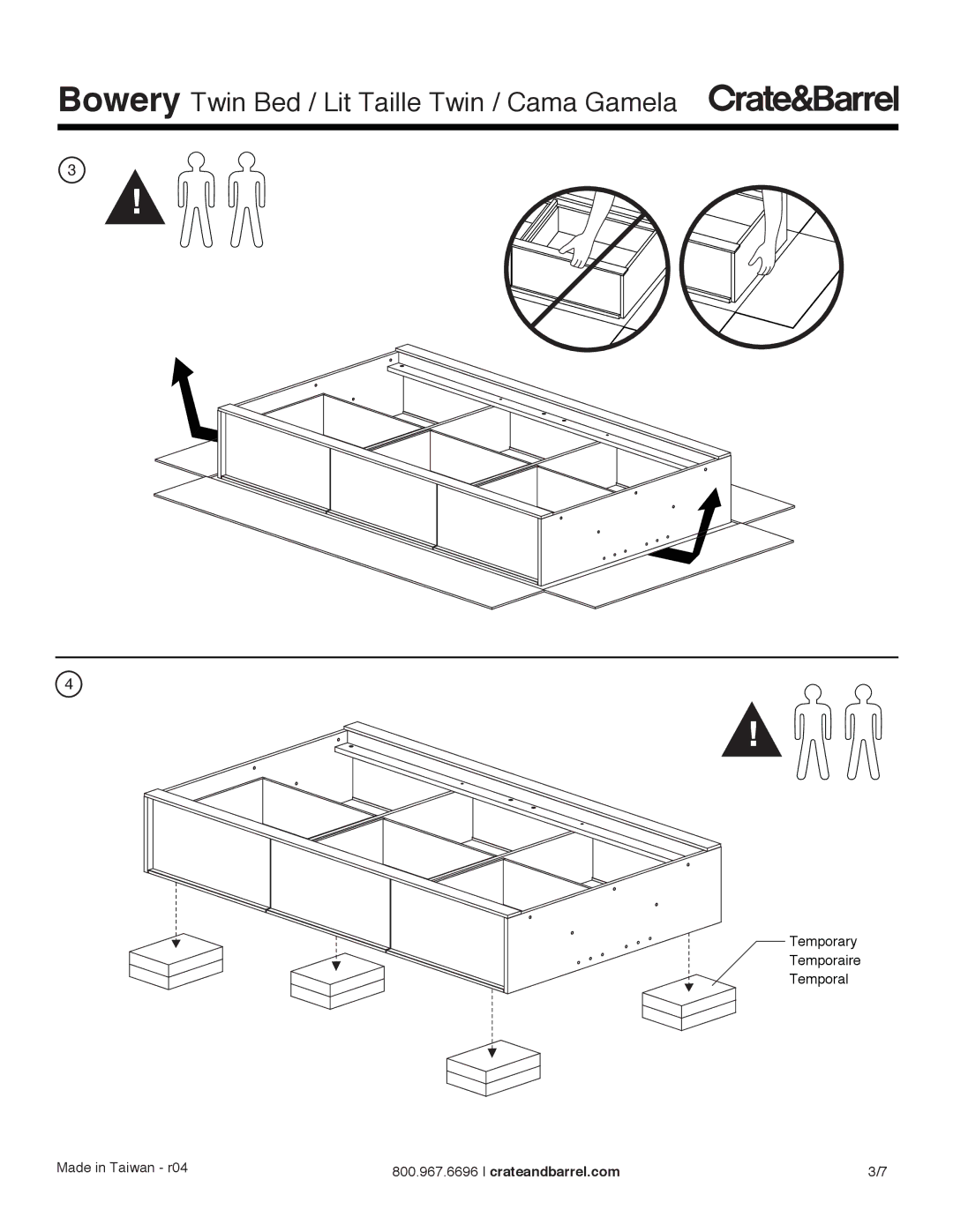 Crate & Barrel Bowery Twin Bed manual Temporary Temporaire Temporal Made in Taiwan r04 