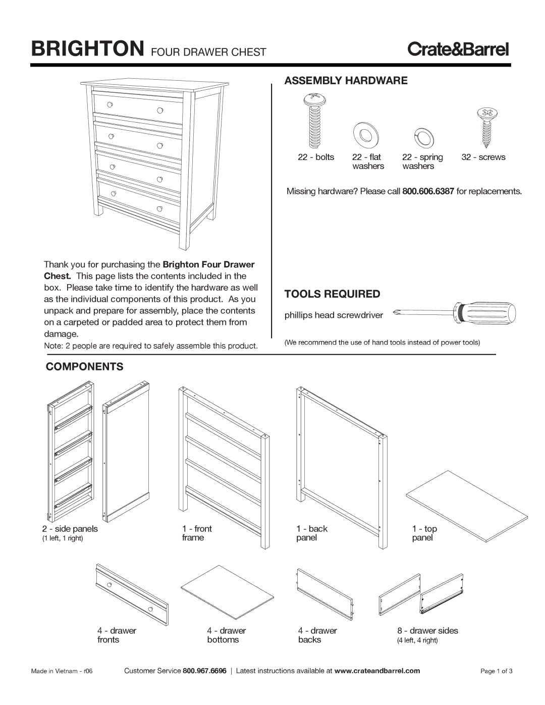 Crate & Barrel Brighton Four-Drawer Chest manual Assembly Hardware, Tools Required, Components 