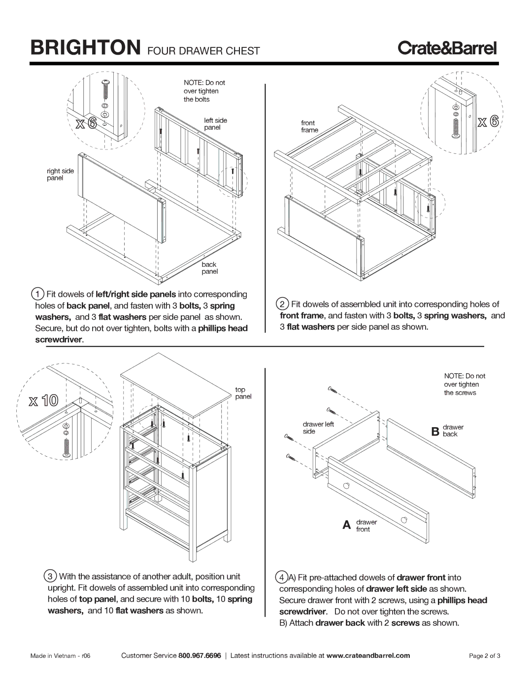 Crate & Barrel Brighton Four-Drawer Chest manual Flat washers per side panel as shown 