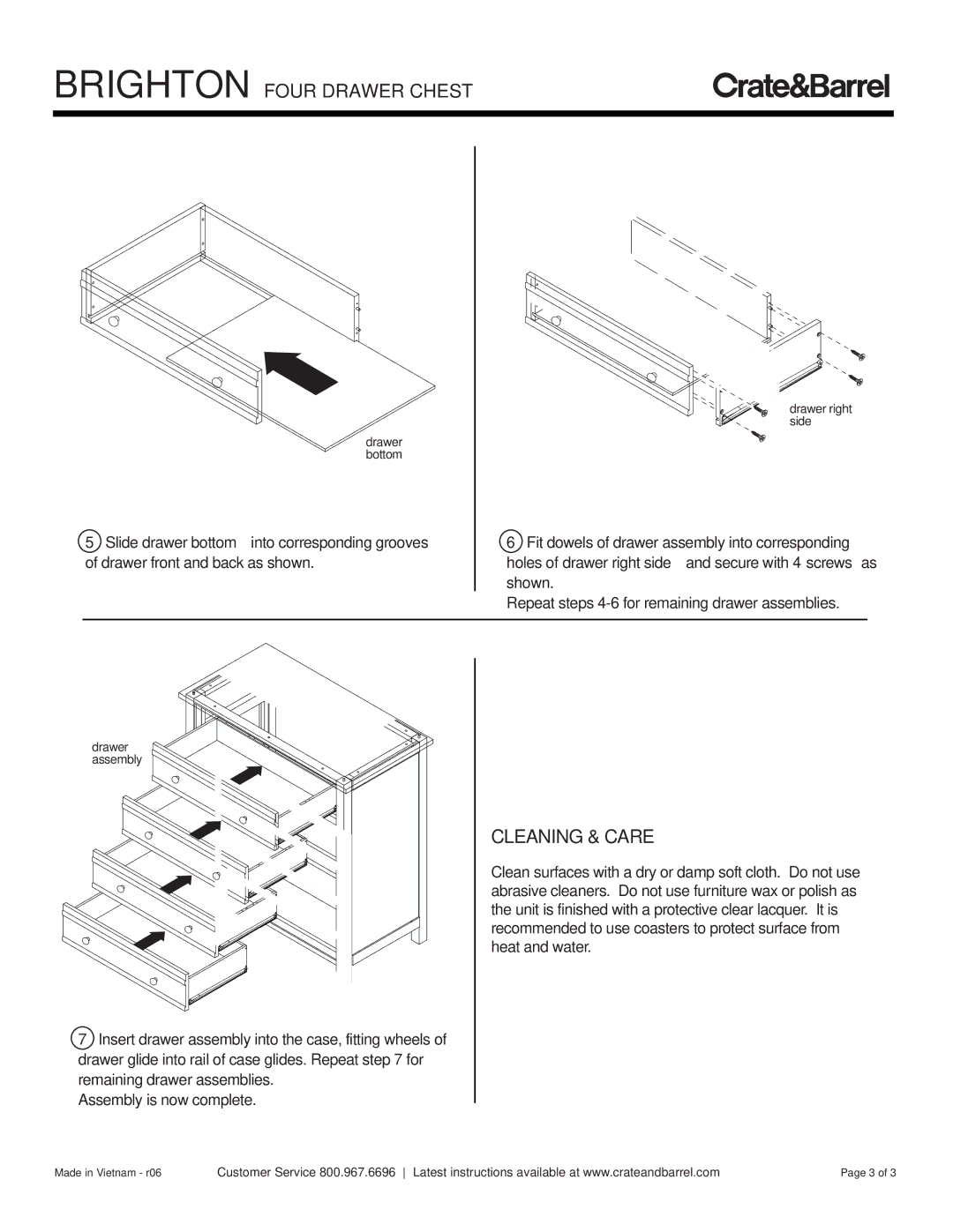 Crate & Barrel Brighton Four-Drawer Chest manual Cleaning & Care, Repeat steps 4-6 for remaining drawer assemblies 