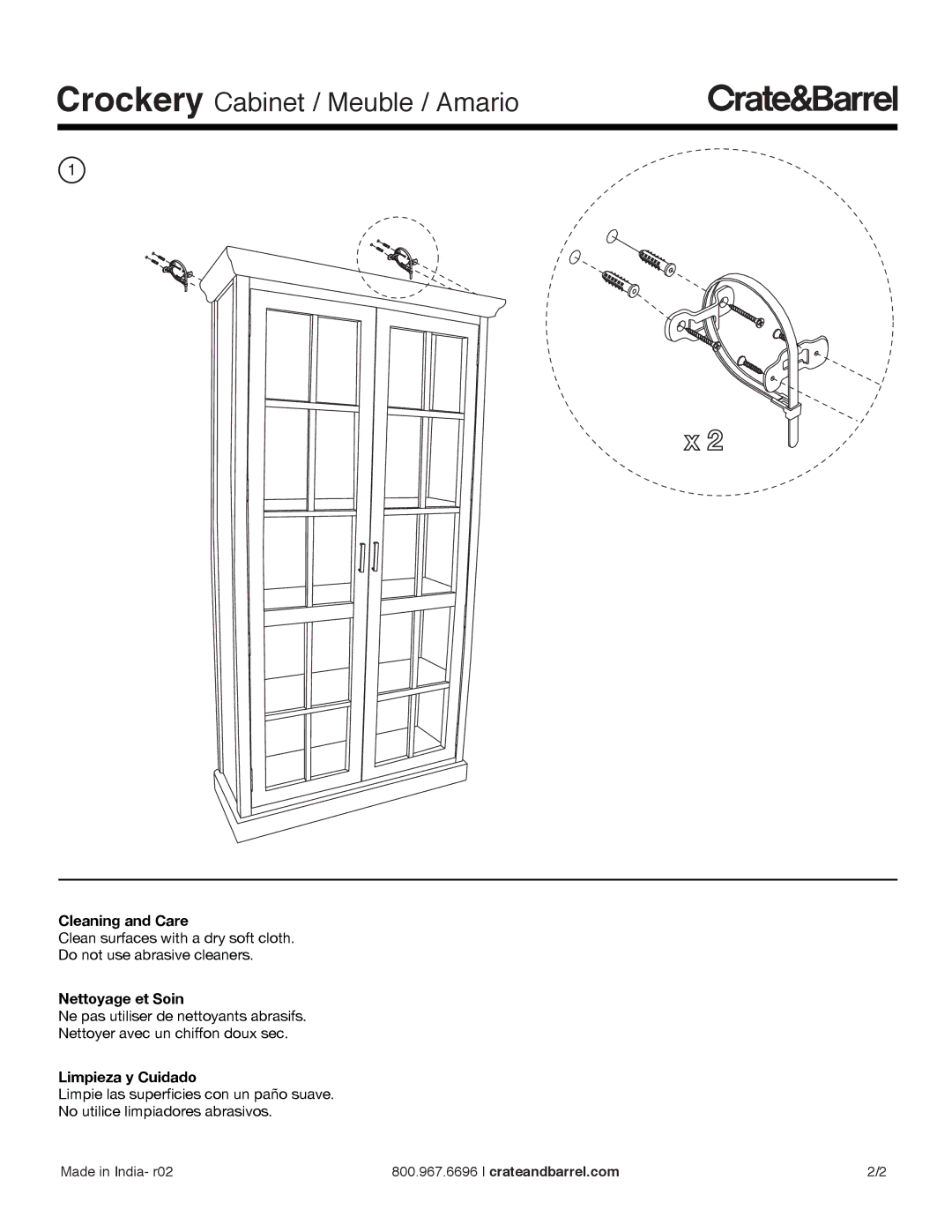 Crate & Barrel Crockery Cabinet manual Cleaning and Care, Nettoyage et Soin, Limpieza y Cuidado 