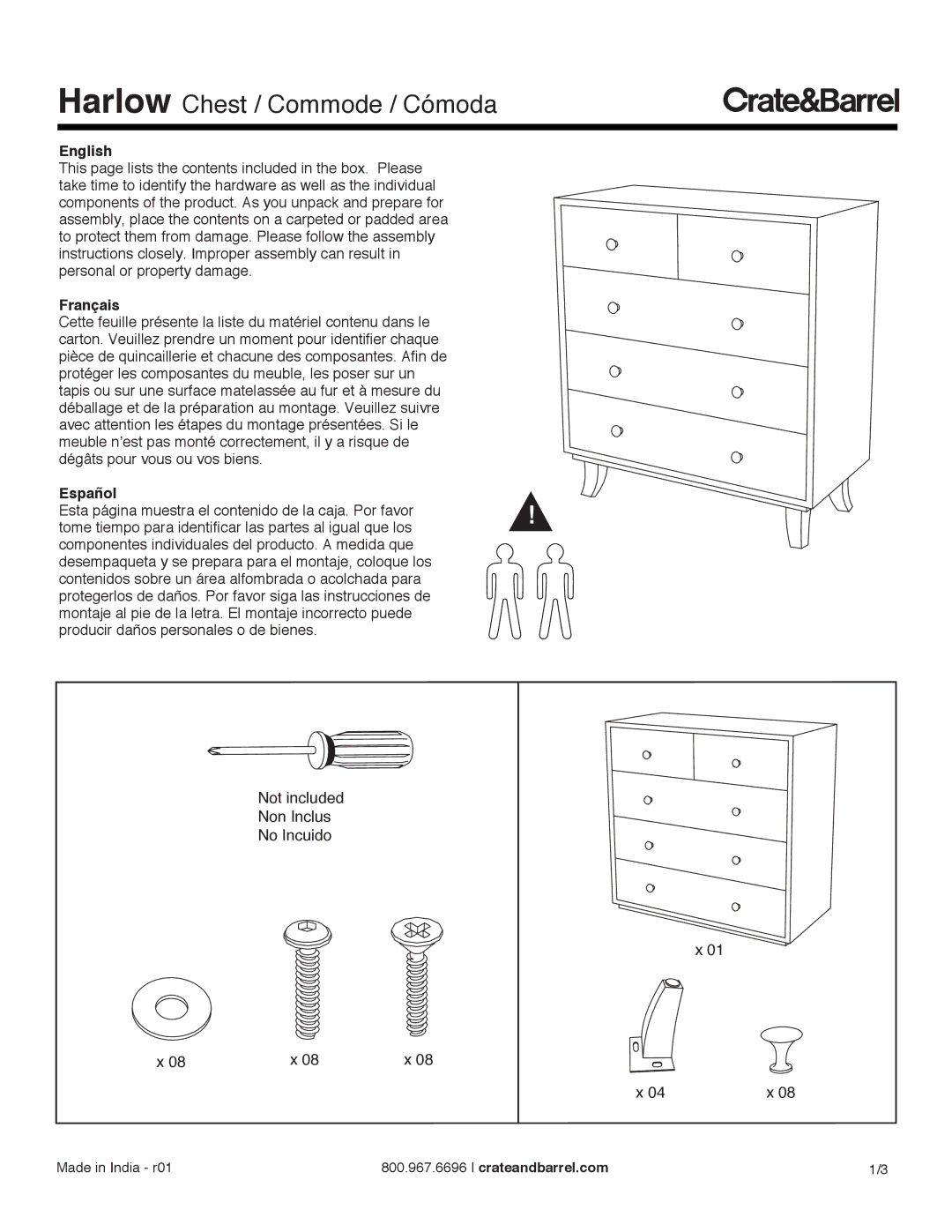 Crate & Barrel Harlow II Chest manual Harlow Chest / Commode / Cómoda, English, Français, Español 