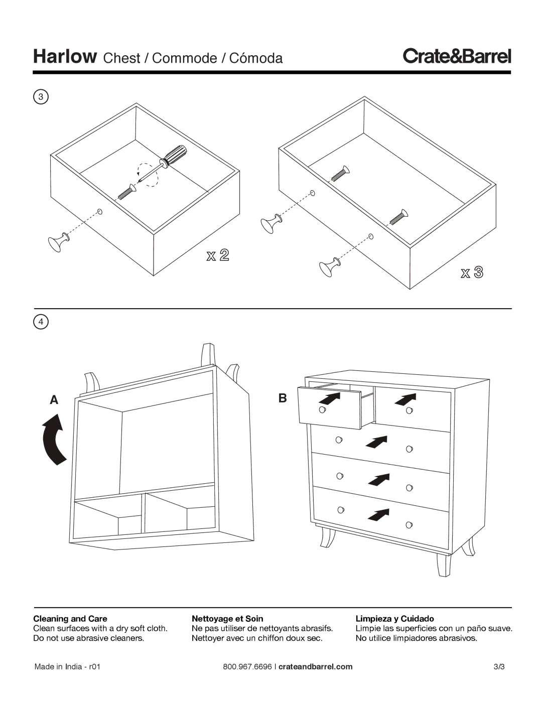 Crate & Barrel Harlow II Chest manual Cleaning and Care Nettoyage et Soin Limpieza y Cuidado 