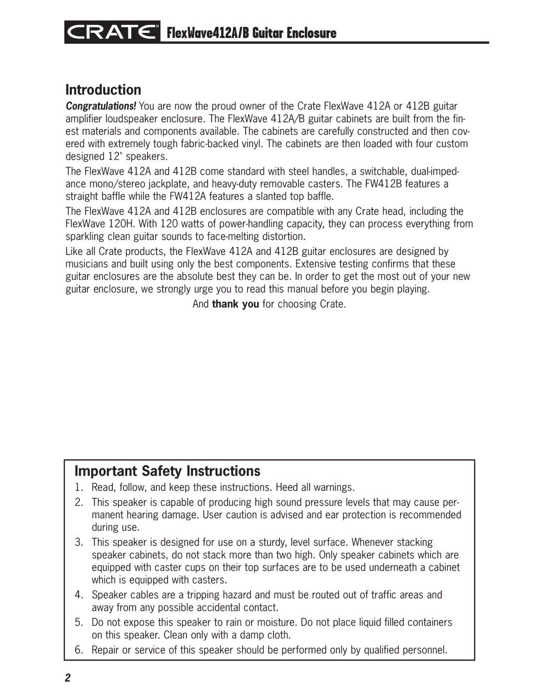 Crate Amplifiers 412B owner manual FlexWave412A/B Guitar Enclosure 