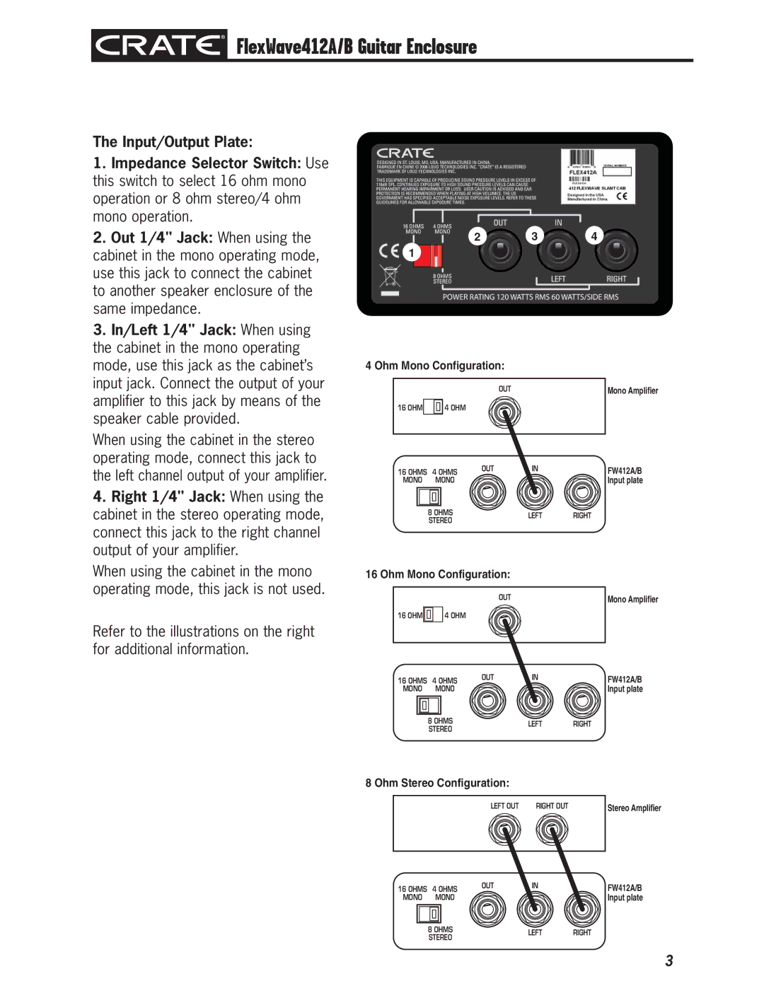 Crate Amplifiers 412A, 412B owner manual Input/Output Plate, Out 1/4 Jack When using, In/Left 1/4 Jack When using 