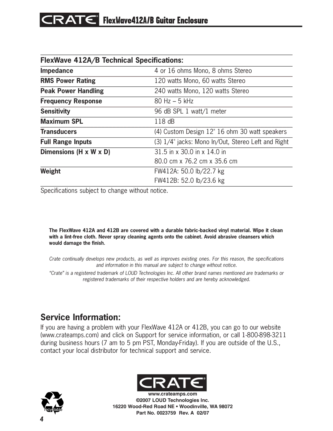 Crate Amplifiers 412B, 412A Impedance, RMS Power Rating, Peak Power Handling, Frequency Response, Sensitivity, Maximum SPL 