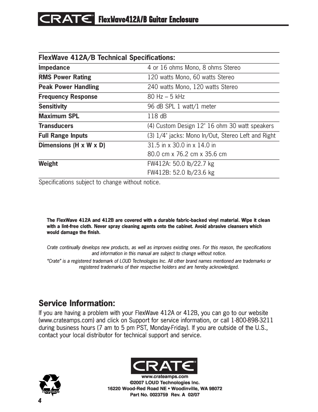 Crate Amplifiers 412B Service Information, FlexWave412A/B Guitar Enclosure, FlexWave 412A/B Technical Specifications 