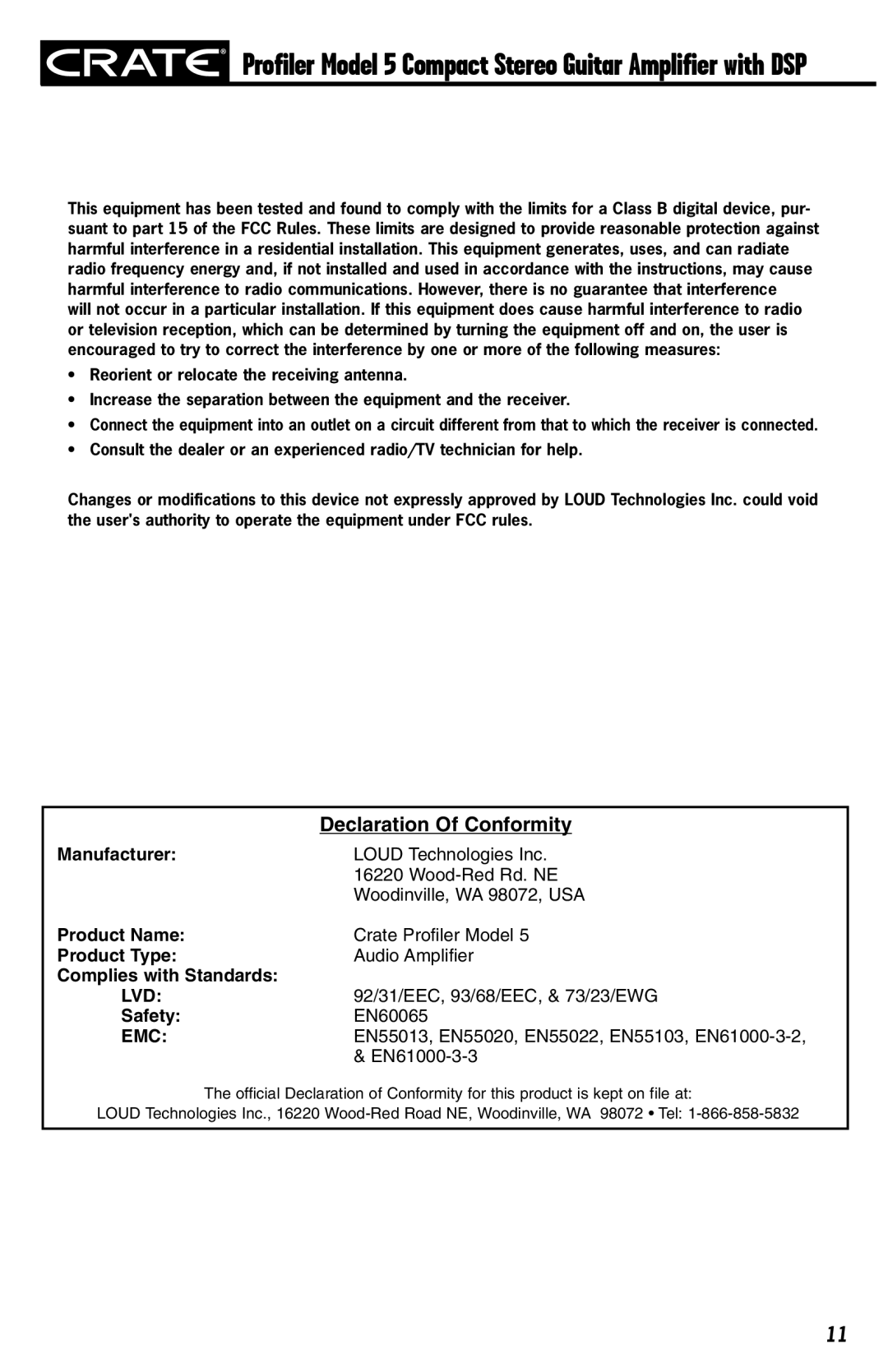 Crate Amplifiers 5 owner manual Declaration Of Conformity 