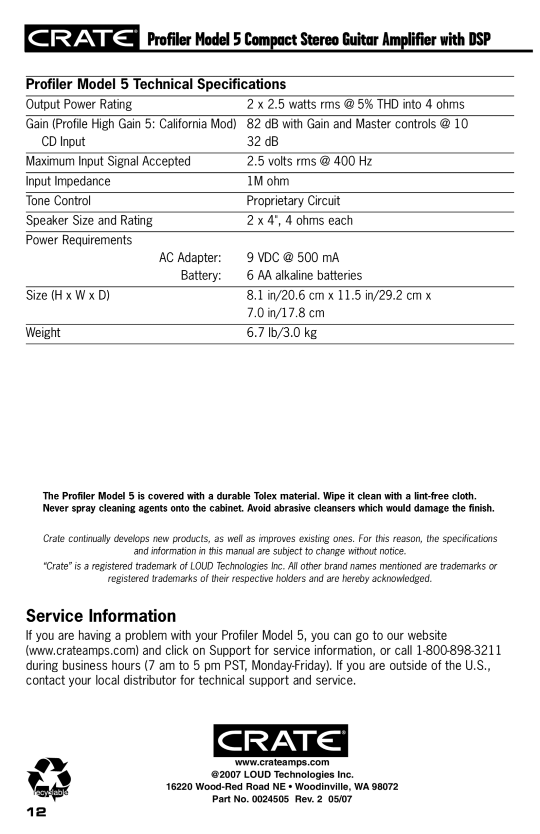 Crate Amplifiers 5 owner manual Service Information 