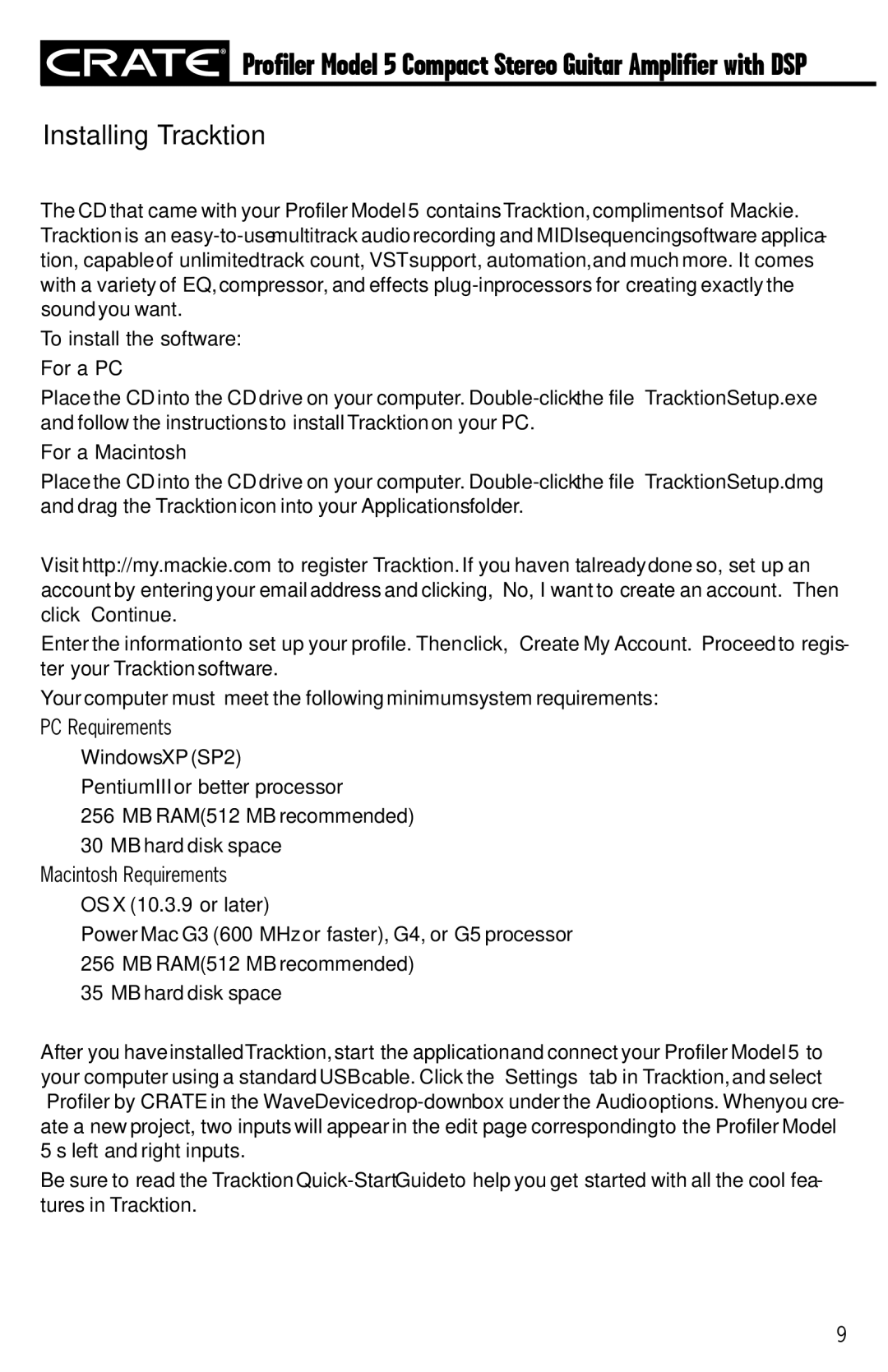 Crate Amplifiers 5 owner manual Installing Tracktion, For a PC, For a Macintosh 