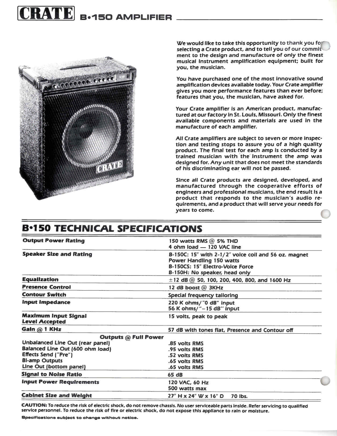 Crate Amplifiers B-150 manual 