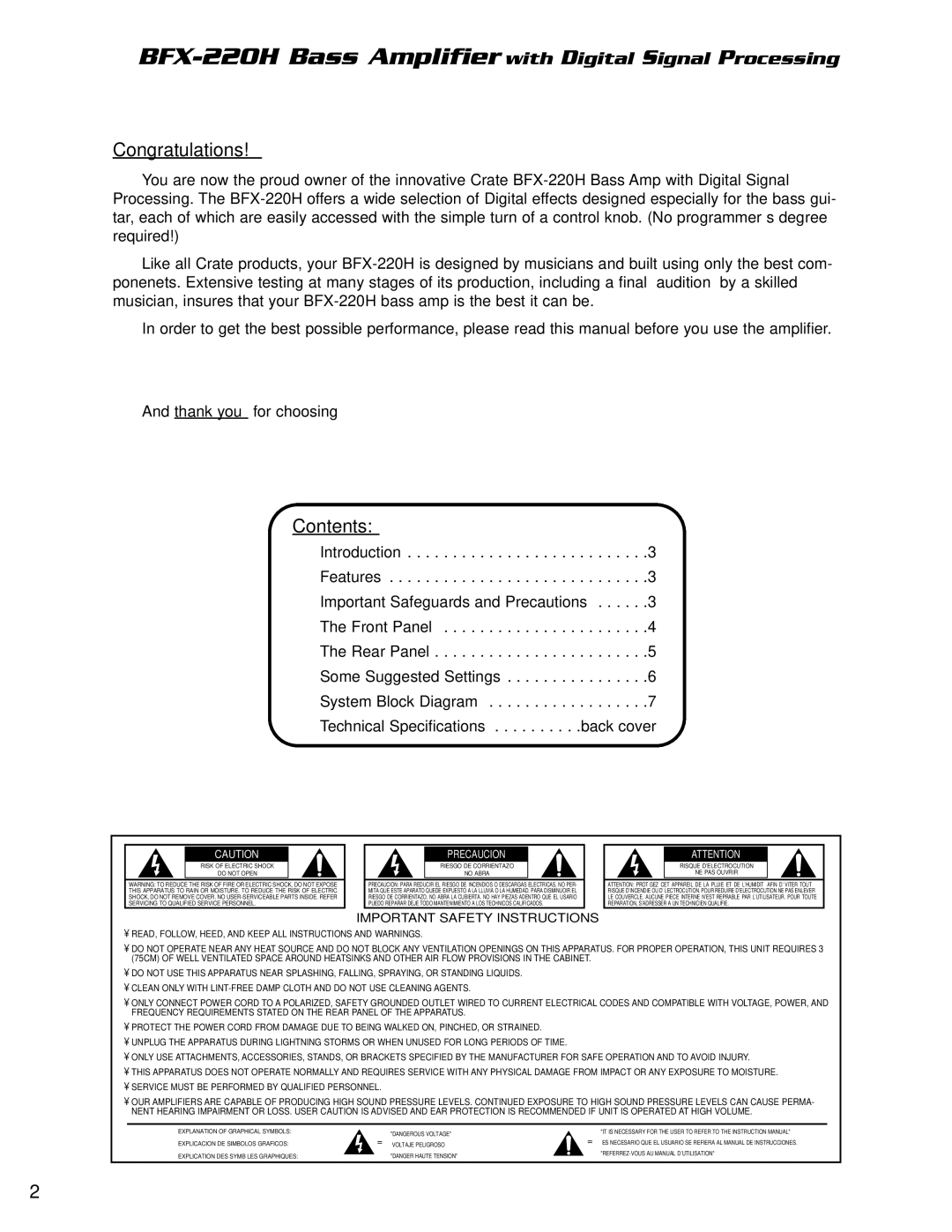 Crate Amplifiers BFX-220H manual Congratulations, Contents 