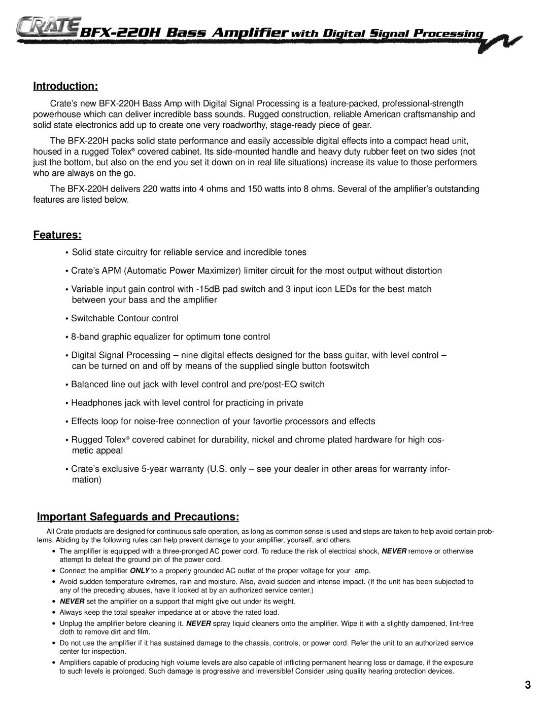 Crate Amplifiers BFX-220H manual Introduction, Features, Important Safeguards and Precautions 
