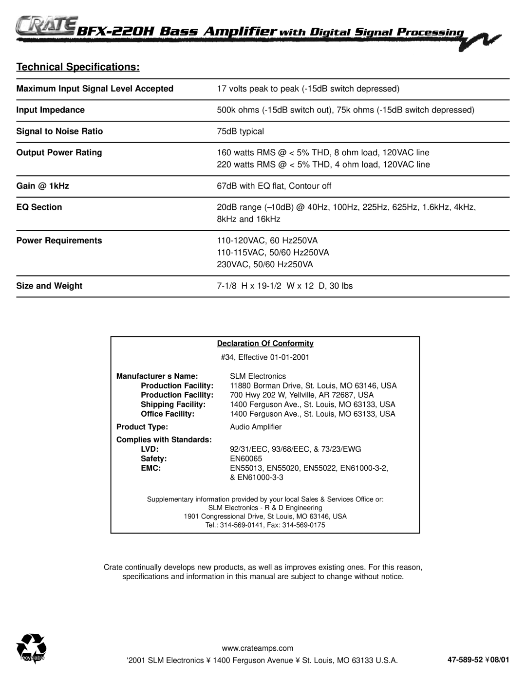 Crate Amplifiers BFX-220H manual Technical Specifications 