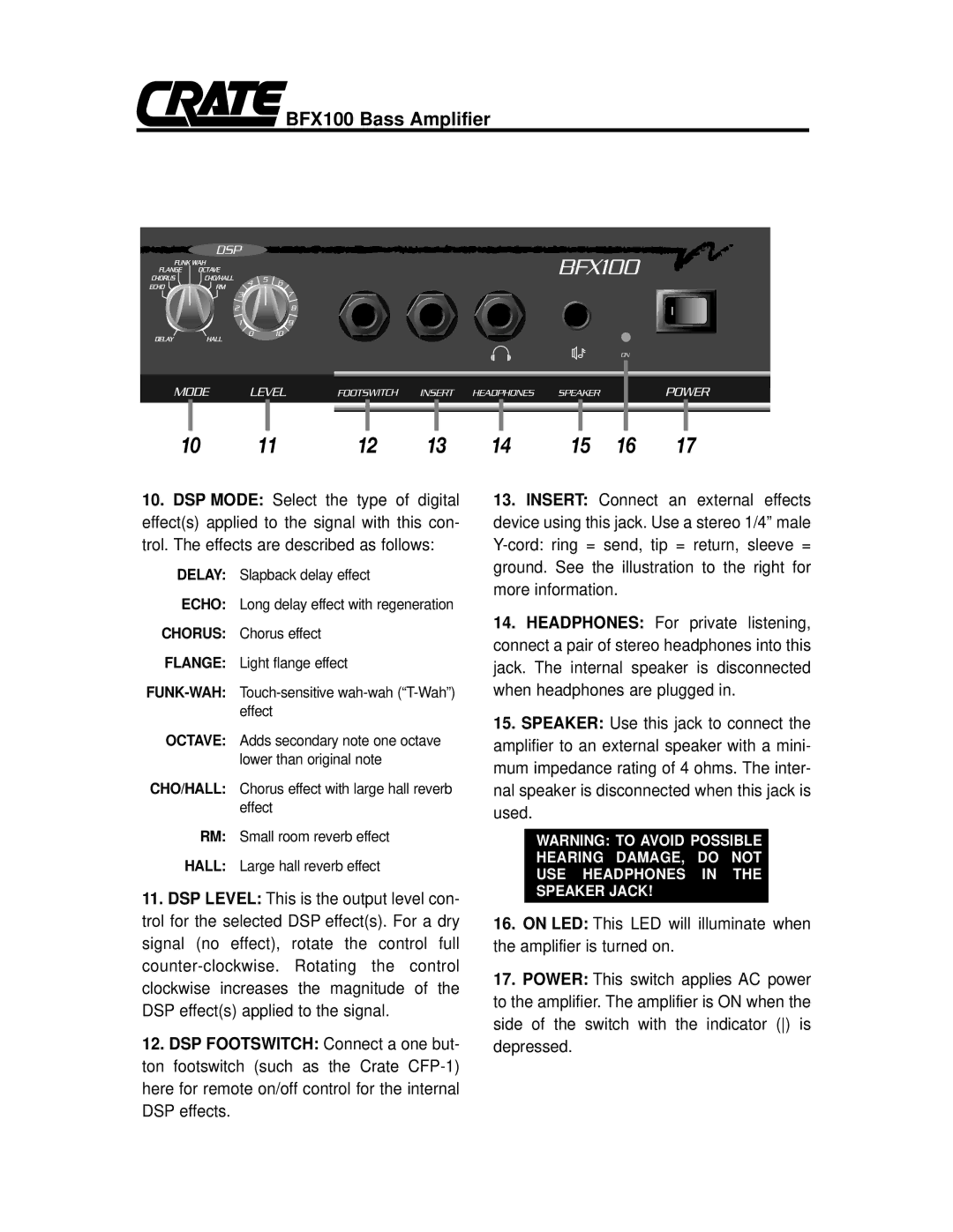 Crate Amplifiers owner manual BFX100 Bass Amplifier 