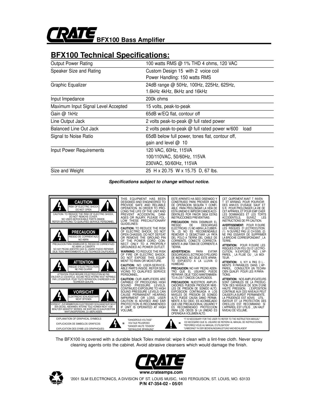 Crate Amplifiers owner manual BFX100 Technical Specifications 