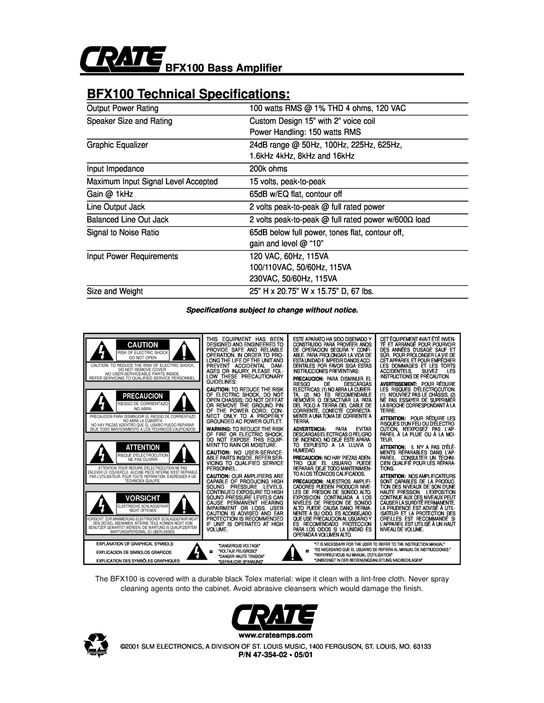 Crate Amplifiers owner manual BFX100 Technical Specifications, BFX100 Bass Amplifier 