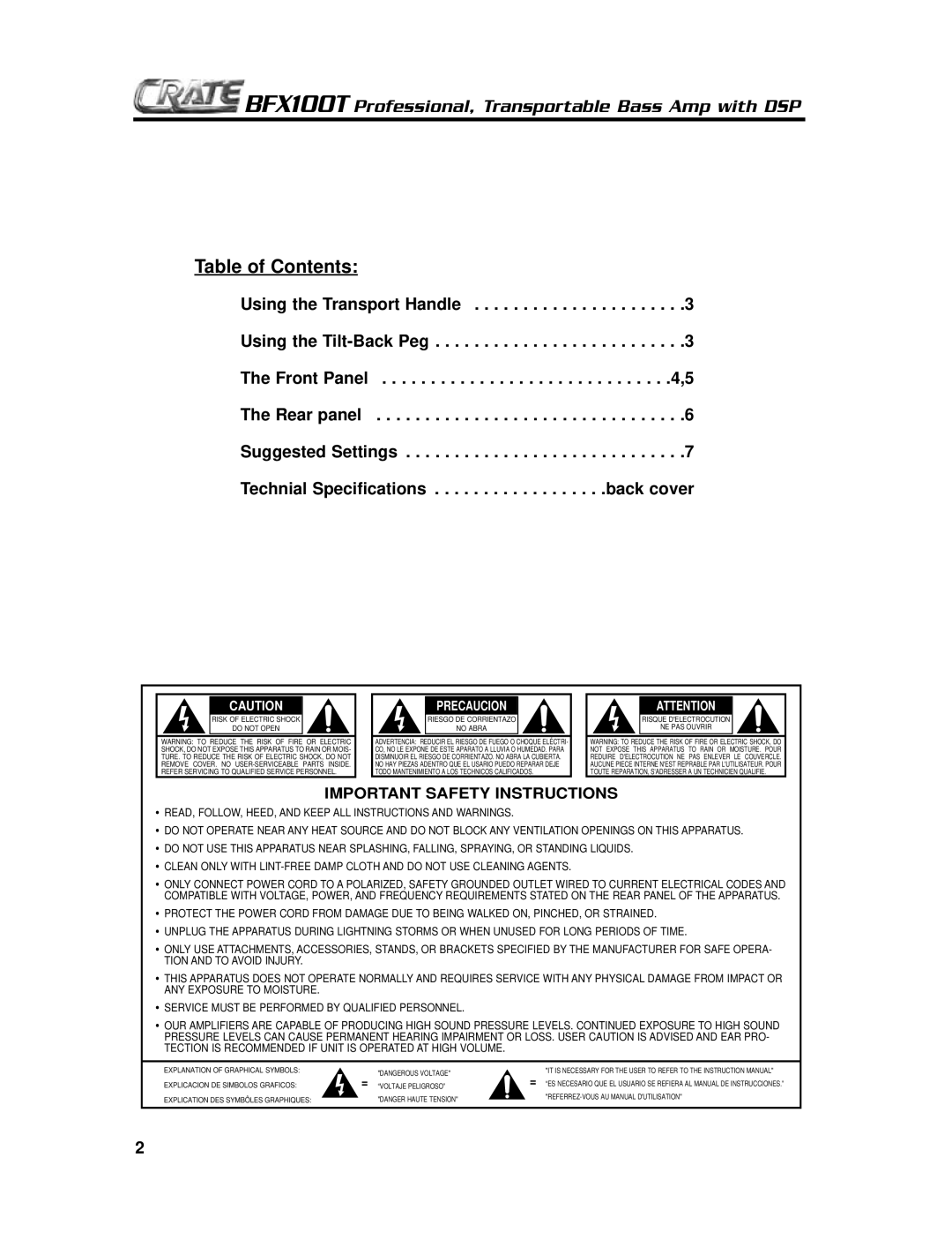 Crate Amplifiers manual BFX100T Professional, Transportable Bass Amp with DSP, Table of Contents 