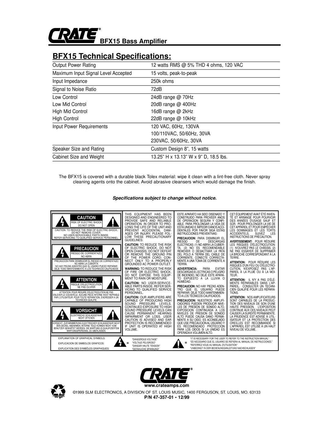 Crate Amplifiers owner manual BFX15 Technical Specifications 