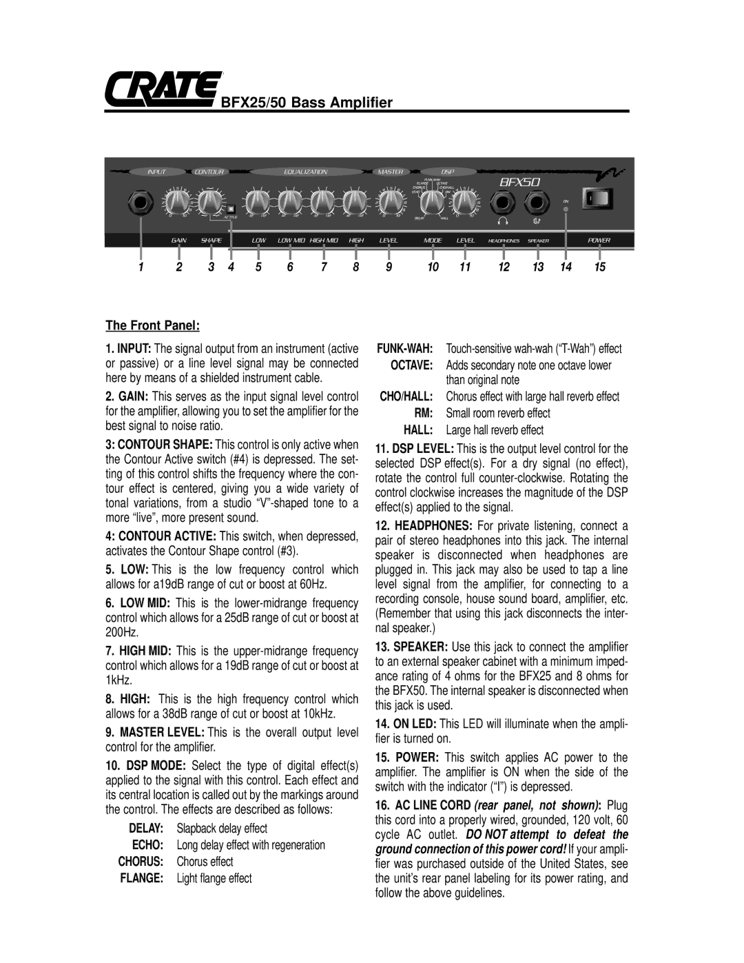 Crate Amplifiers BFX50 owner manual BFX25/50 Bass Amplifier, Front Panel 