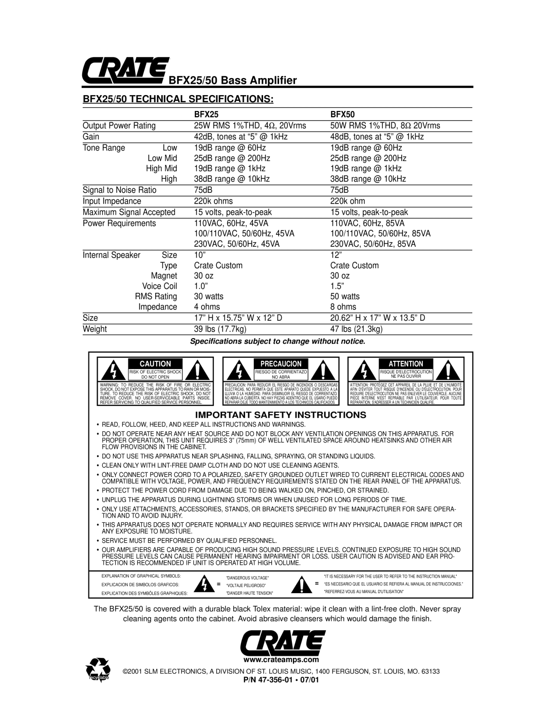 Crate Amplifiers BFX50 owner manual BFX25/50 Technical Specifications 