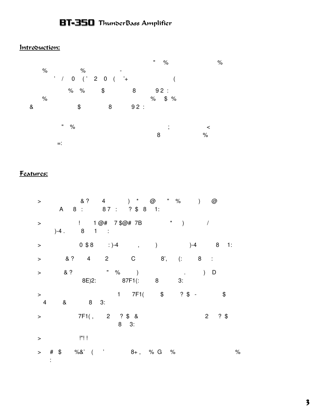Crate Amplifiers owner manual BT-350ThunderBass Amplifier Introduction, Features 
