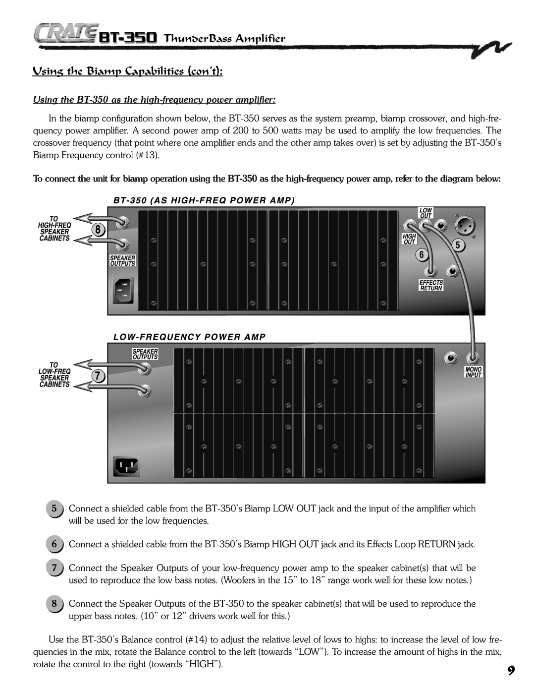 Crate Amplifiers owner manual Using the BT-350 as the high-frequency power amplifier 