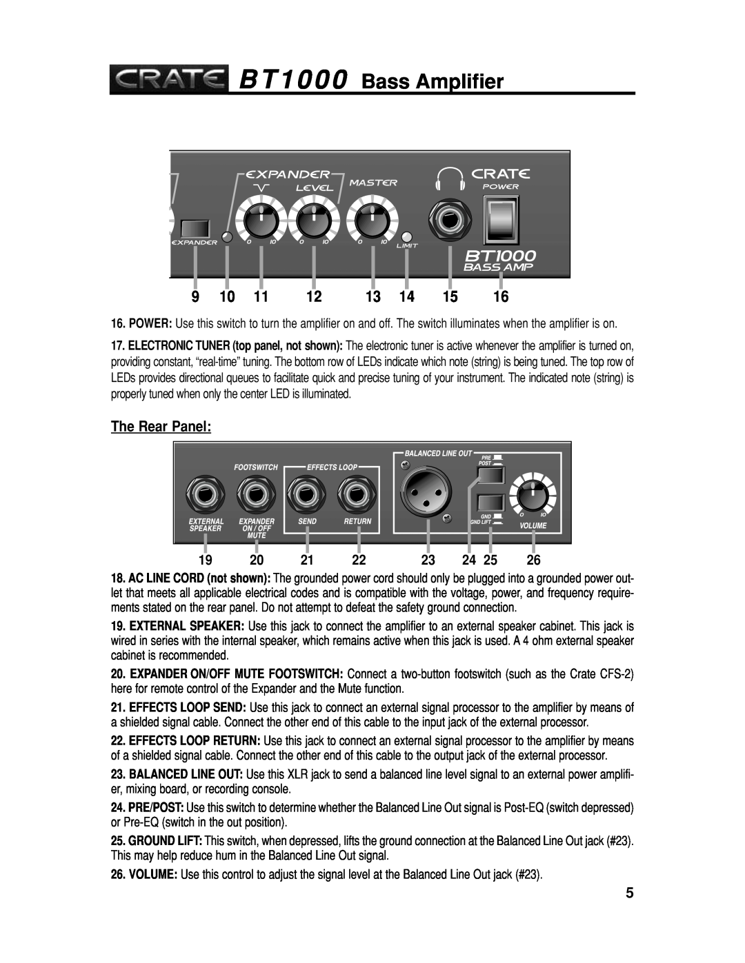 Crate Amplifiers BT1000 manual The Rear Panel, B T 1 0 0 0 Bass Amplifier 