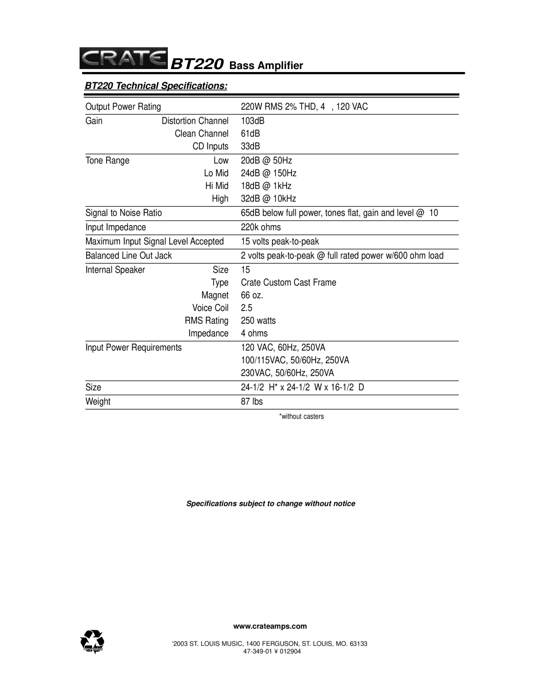 Crate Amplifiers manual BT220 Technical Specifications 