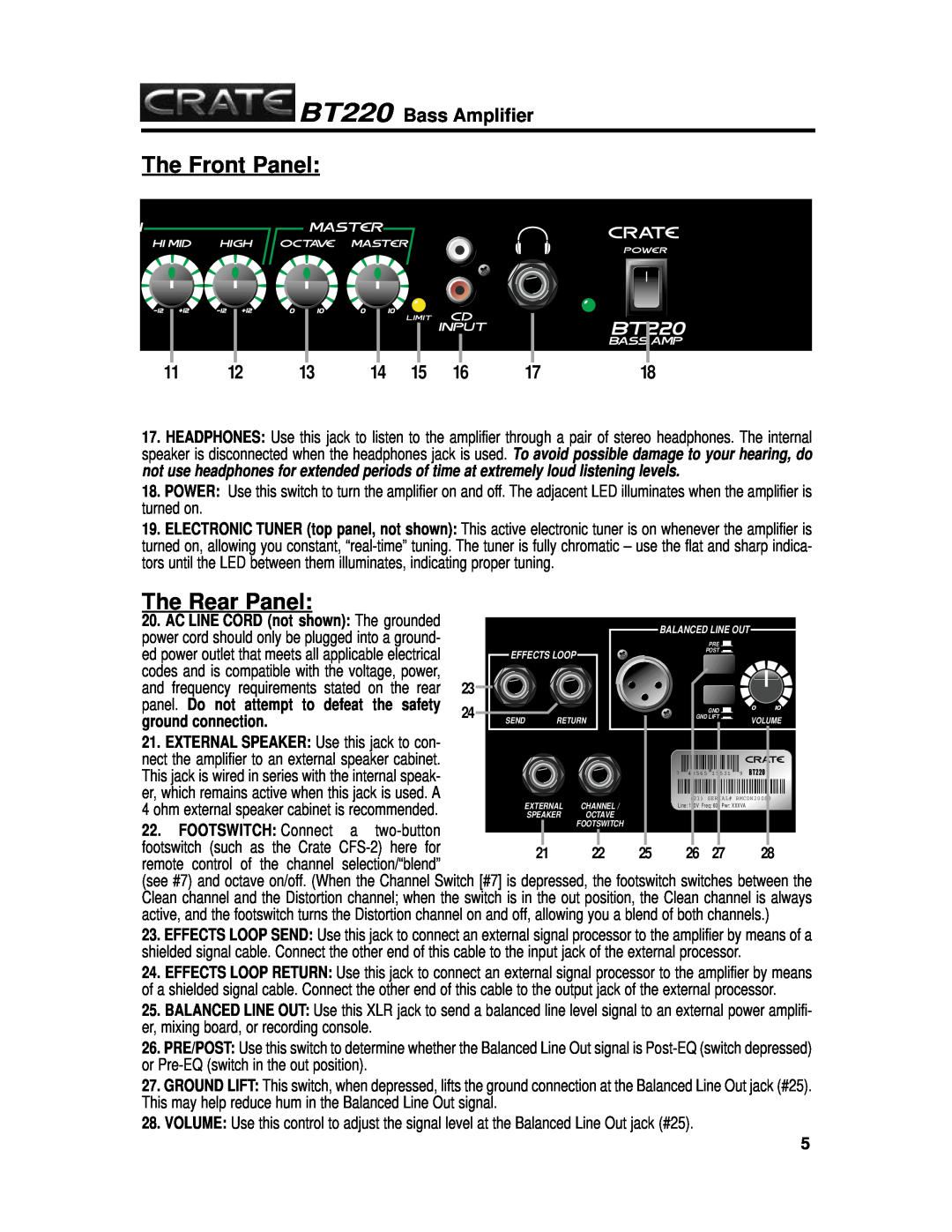 Crate Amplifiers manual The Front Panel, The Rear Panel, BT220 Bass Amplifier, ground connection 
