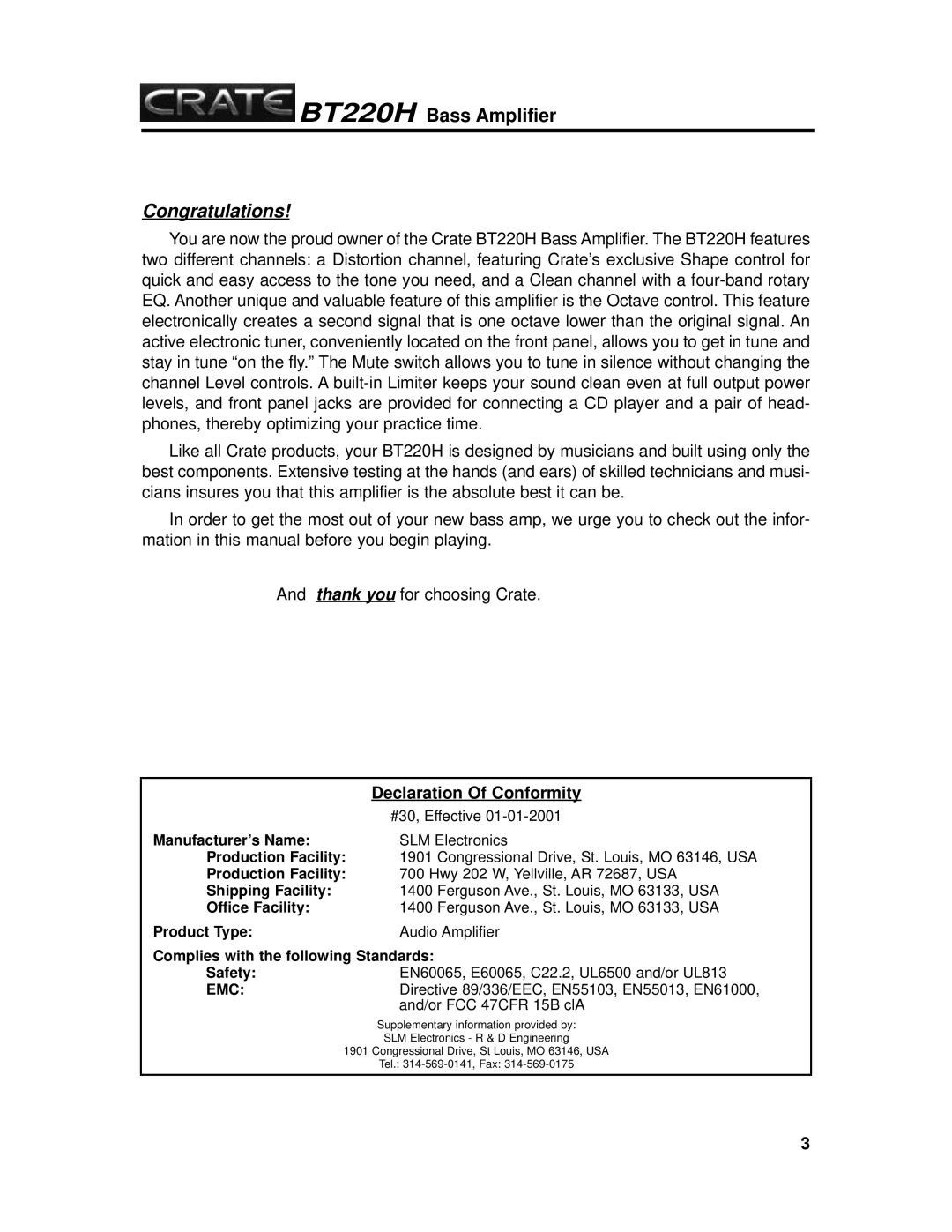 Crate Amplifiers BT220H manual Congratulations, Emc 