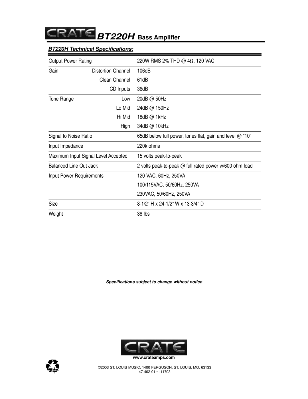 Crate Amplifiers manual BT220H Technical Specifications 