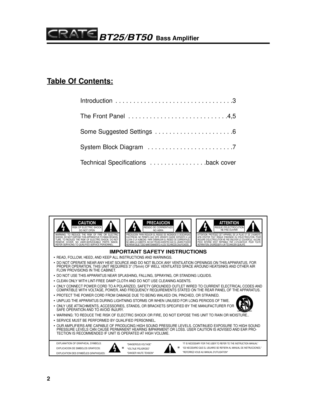 Crate Amplifiers bt25/bt50, crate bass amplifier manual Table Of Contents 