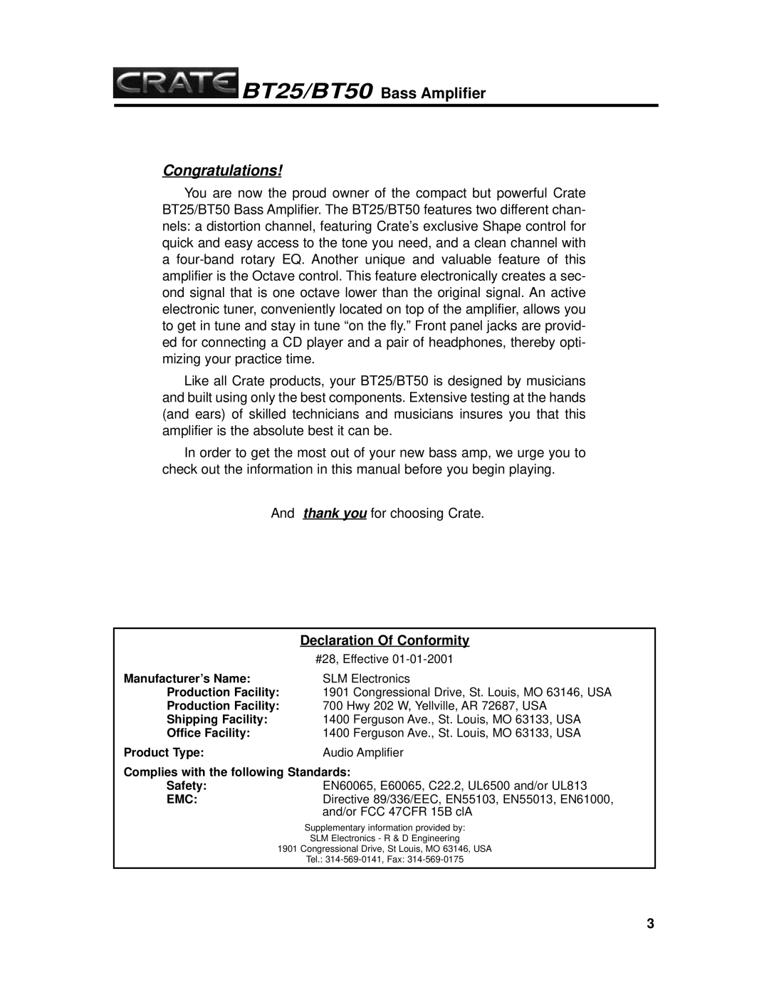 Crate Amplifiers crate bass amplifier, bt25/bt50 manual Declaration Of Conformity, Emc 