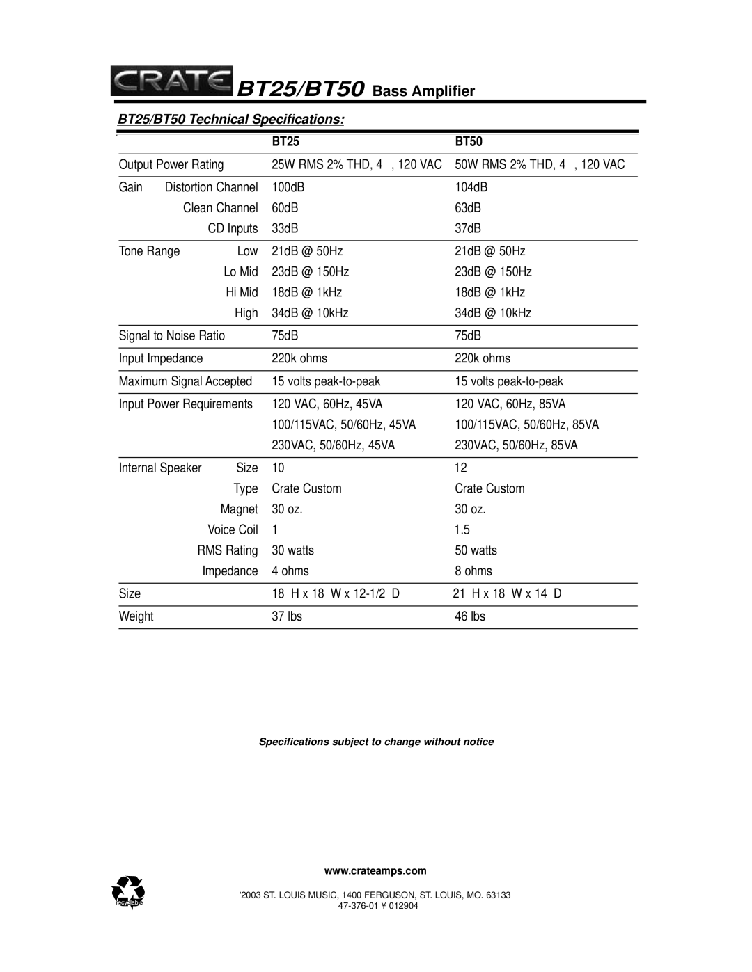 Crate Amplifiers bt25/bt50, crate bass amplifier manual BT25/BT50 Technical Specifications, BT25 BT50 